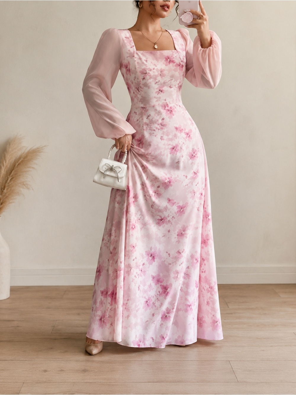 Pink Floral Long Dress with Sheer Pink Sleeves